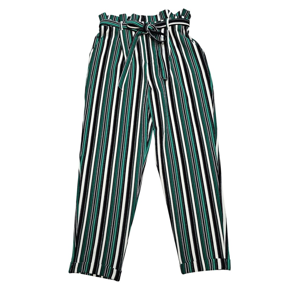 Almost Famous Green Black White Striped Paperbag Waist Tapered Pants Womens M